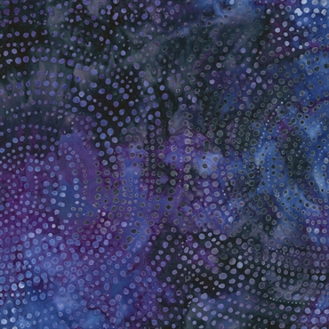 lilla og blåt batik patchworkstof med spiralmotiv