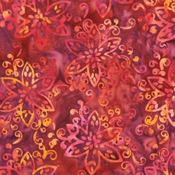 rødt batik patchworkstof med blomster