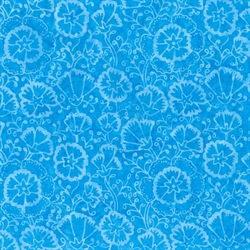 turkisblåt batikstof med blomstermotiv