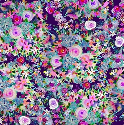 Blomstret lilla patchworkstof med digitalprint