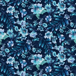 mørkeblåt patchworkstof med blå blomster