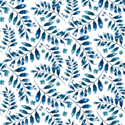 hvidt patchworkstof med blå bregner