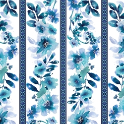 hvidt patchworkstof med blå blomster og striber