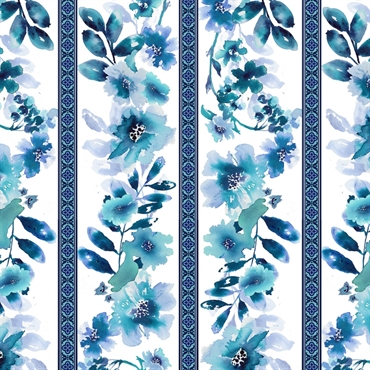 hvidt patchworkstof med blå blomster og striber