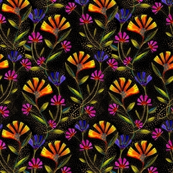 Laurel Burch patchworkstof -  Viney floral - Black