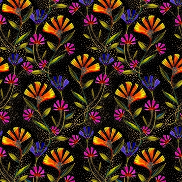 Laurel Burch patchworkstof -  Viney floral - Black