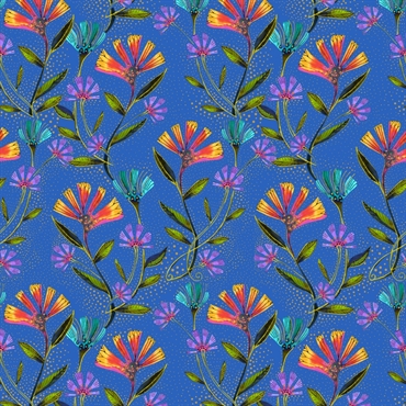 Laurel Burch patchworkstof -  Viney floral - Royal Blue